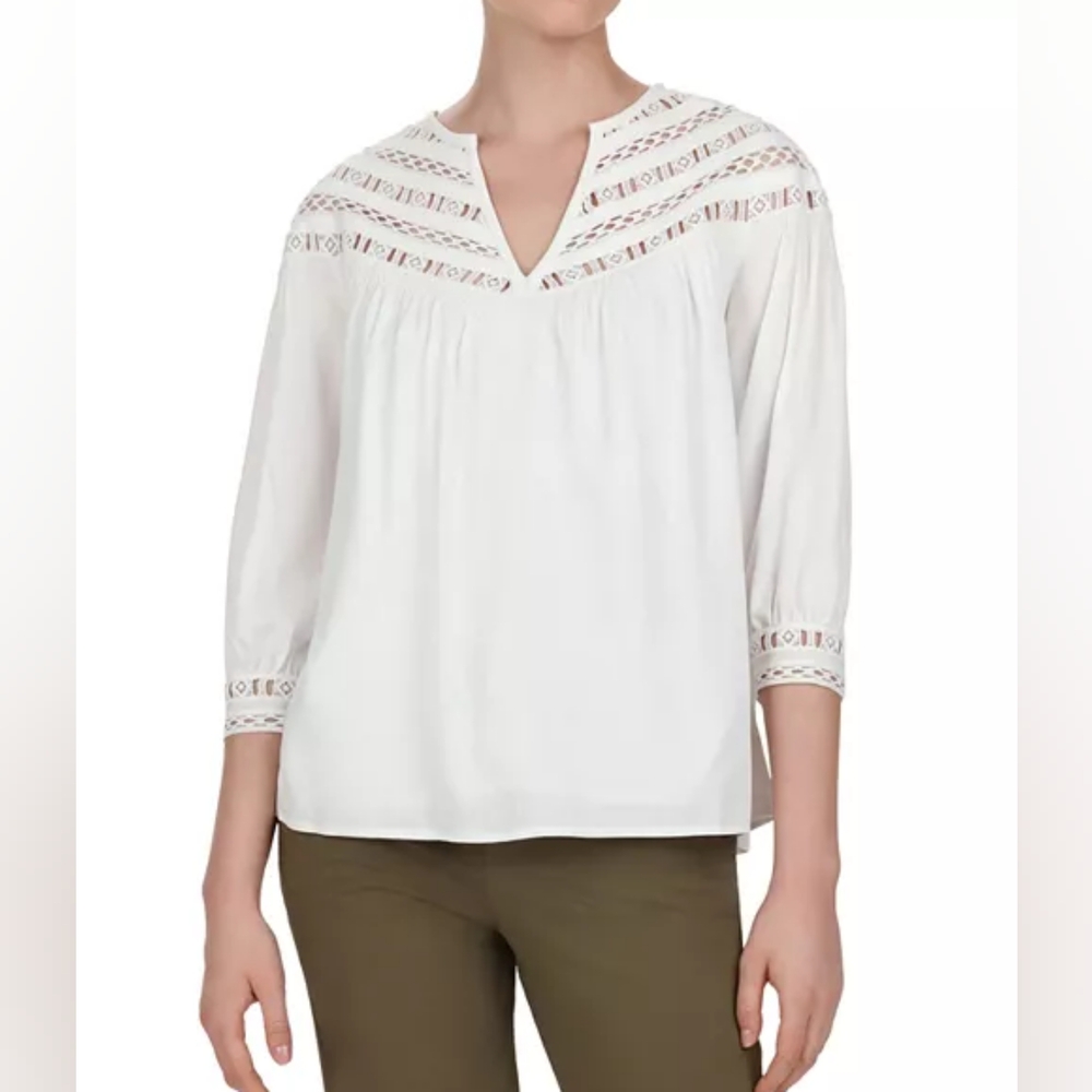 ba&sh Zody Ecru Lace-Inset Top Small S Lace Notched Round Neck 3/4 Sleeve Blouse
